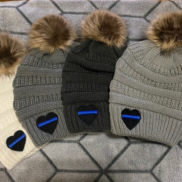 Thin Blue Line with Heart Monogrammed on Pom Pom Beanie, Back the Blue ~ Police and Law Enforcement Trucker Hat ~ All Lives Matter