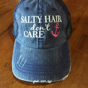 Salty Hair Don&#39;t Care Trucker Hat with Hot Pink Anchor (Choose Your Anchor Color) on NAVY Trucker Hat