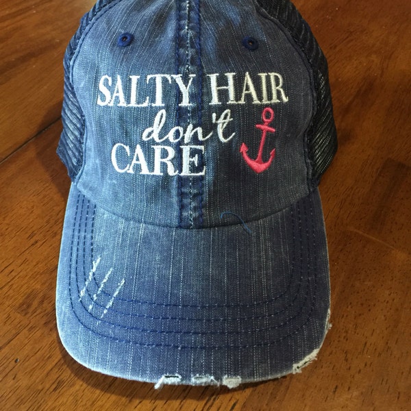 Salty Hair Don't Care Trucker Hat with Hot Pink Anchor (Choose Your Anchor Color) on NAVY Trucker Hat