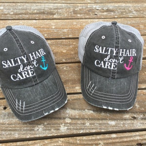 Salty Hair Don&#39;t Care Trucker Hat with Anchor Color of Your Choice