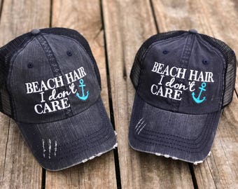 Beach Hair I Don't Care Trucker Hat with Your Choice of Anchor Color