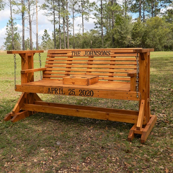 Classic Porch Glider Swing with Stand, Patio Glider Swing, Patio Furniture , Wood Garden Bench, Memorial Bench