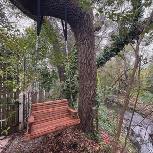 May include: A wooden swing bench suspended from a tree branch by metal chains. The bench is made of horizontal wooden slats and has armrests. The swing is set against a backdrop of lush greenery and a small stream.
