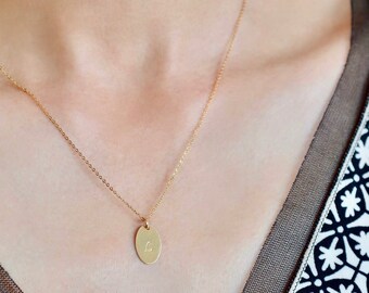 Oval Pendant Necklace, Personalized Dainty Necklace, Small Oval Initial Pendant Necklace, Gold Fill Oval Disc Necklace