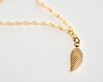 Leaf Necklace, Leaf Charm Necklace, Gold Fill or Sterling Silver Leaf Charm Hangs on Rope Chain, Leaf on a Rope Necklace