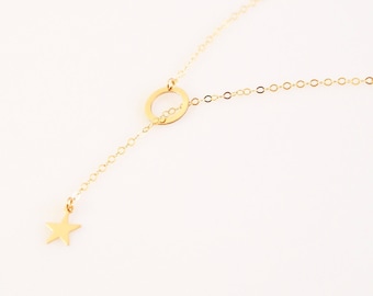 Falling Star Lariat Necklace/ Star and Moon Lariat Necklace/ Gold Filled, Sterling Silver Y Necklace
