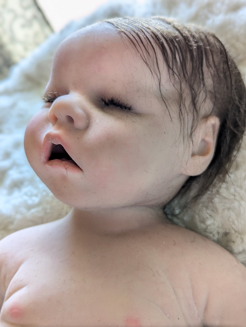 May include: A realistic baby doll with closed eyes and wet-looking brown hair. The doll is made of silicone and has a lifelike appearance.