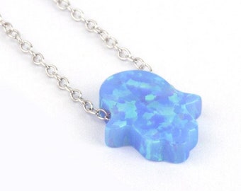 Opal Hamsa Necklace, Sterling Silver Chain Rhodium, Hand Necklace, Dark Blue & Light Blue Opal necklace, Opal Jewelry, Judaica Jewelry