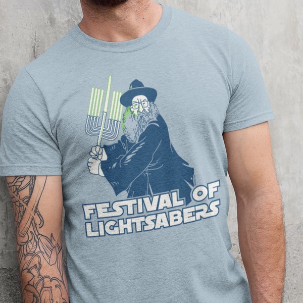 Festival of Lightsabers T-Shirt - Jewish Star Wars inspired tee Hanukkah holiday original Jedi Menorah design