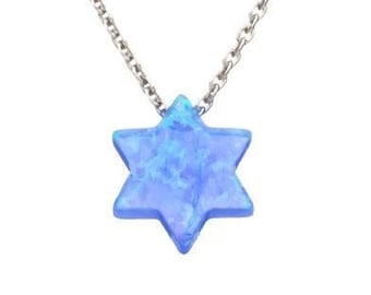 Opal Star of David Necklace, Sterling Silver Chain Rhodium, Hand Necklace, Dark Blue & Light Blue Opal necklace, Opal Jewelry, Judaica