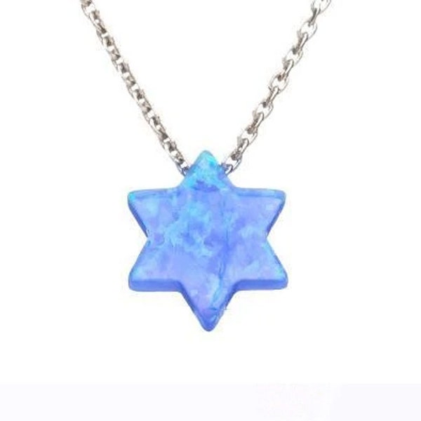 Opal Star of David Necklace, Sterling Silver Chain Rhodium, Hand Necklace, Dark Blue & Light Blue Opal necklace, Opal Jewelry, Judaica