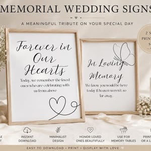 May include: Two framed memorial wedding signs with black text on white backgrounds. The first sign reads Forever in Our Hearts with a heart line drawing. The second sign reads In Loving Memory with a butterfly illustration and additional text.