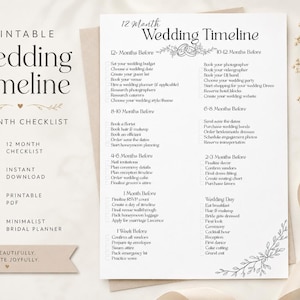 May include: A printable 12-month wedding timeline checklist on white paper with black text. The document features sections organized by timeframes from 12 months before to the wedding day, including checkboxes and a decorative floral illustration.