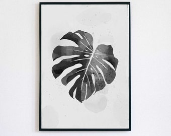 Monstera Leaf Watercolor Painting - Instant Download Digital Art using Watercolour Textures in Black & White of a Monstera Deliciosa Plant