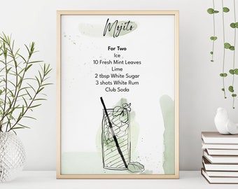 Mojito Cocktail Recipe Poster -  Watercolor Illustration of Mojito Cocktail, digital instant downloadable print, kitchen art, bar wall art