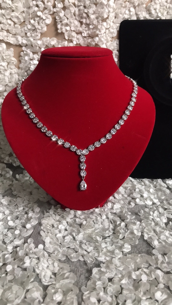 18k Platinum Plated Tennis Necklace Earrings Set made w Swarovski Crystal  Bridal | eBay