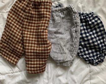 Handmade Baby Trousers, Linen Cotton Gingham Stripe, Gender Neutral Loose Fit