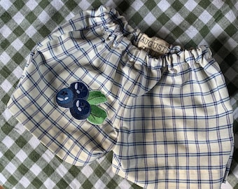Upcycled Baby Shorts, Blue and White Gingham Cotton, Loose Fit,  Blueberry Patch (3-6mo)