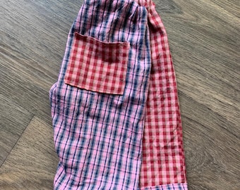 Vintage sourced cotton. Upcycled Handmade Baby Trousers,  Cotton red pink Gingham , Loose Fit, patch work trousers. 12-18mo