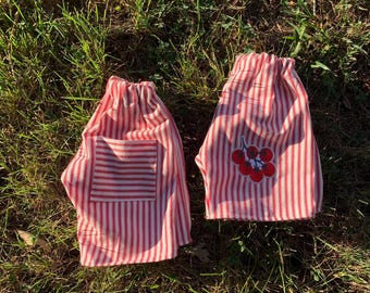 Handmade Cotton Baby Trousers, Red White Stripes, Tomato Patch, Loose Fit