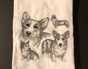 Corgi's are embroidered on a white flour sack tea towel, dish towel, cotton, large