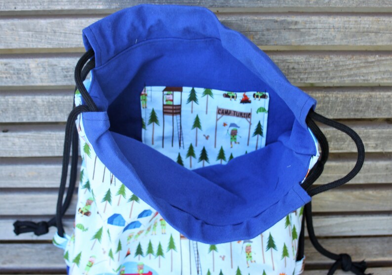 Canvas lined and bottom for durability Camp Turtle Boy Scout Camp Drawstring backpack a fun accessory for any outfit inside pocket