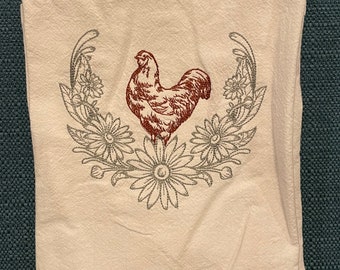 An elegant Chicken is embroidered on a white flour sack tea towel, dish towel, cotton
