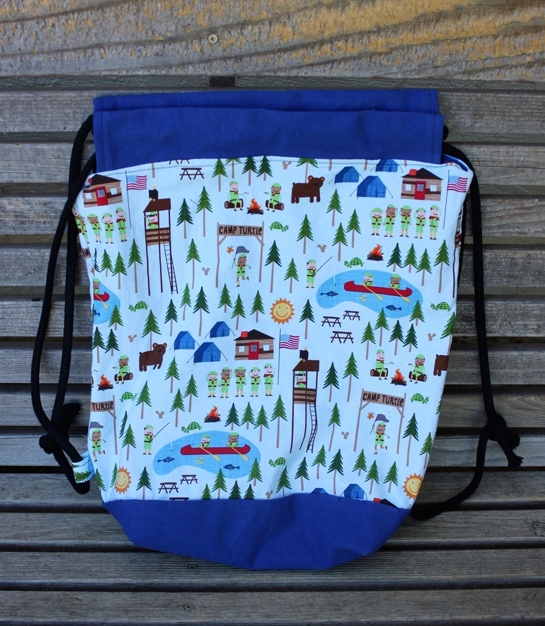 Canvas lined and bottom for durability Camp Turtle Boy Scout Camp Drawstring backpack a fun accessory for any outfit inside pocket