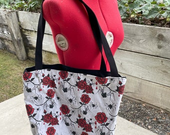 Roses and Spiders tote bag, Reusable shopping bag Great for groceries, shopping, lunch, or overnight bag , Canvas lined