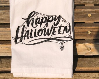 Happy Halloween embroidered on a white flour sack tea towel, dish towel, cotton,