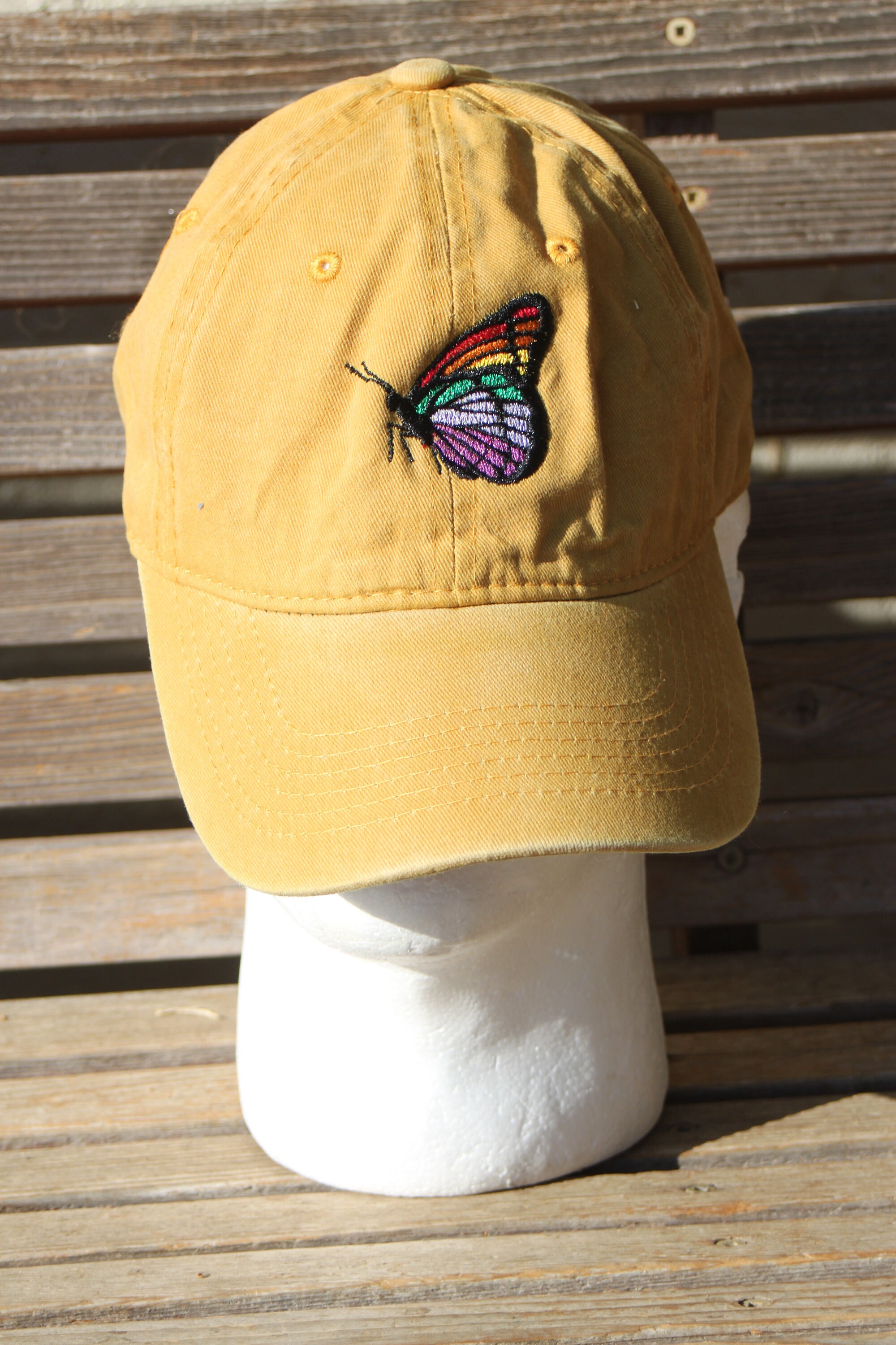 A Rainbow Butterfly Embroidered on a Baseball Hat Cap, Adjustable hat