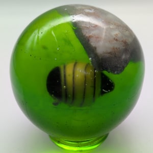 Puede incluir: Un pisapapeles de vidrio verde con una abeja a rayas amarillas y negras en su interior. La parte superior del pisapapeles tiene un parche gris y marrón. El pisapapeles es redondo y se asienta sobre una pequeña base circular.
