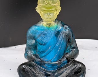 Sun WuKong Two-Tone Monkey King Buddha | Yellow-Teal Resin Sun Wukong Figurine | 4-in Meditating Totem for Altar, Desk & Zen Shelf Décor