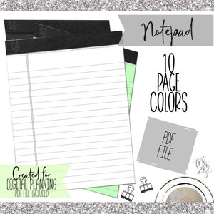 May include: A digital notepad with 10 page colors. The notepad is designed for digital planning and includes a PDF file. The image shows a lined page with a green background.