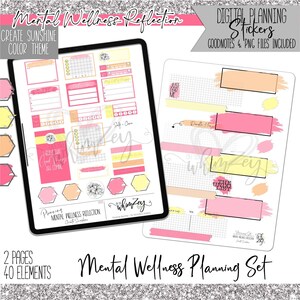 May include: Digital planner stickers in a sunshine color theme. The stickers feature a variety of designs, including boxes, lines, and text. The text includes "Just for Me", "Doodle Here", "The Undo List", and "Self-Care".