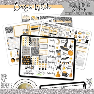 May include: A set of digital planner stickers featuring a witch, pumpkin spice, a cauldron, and other Halloween-themed elements in black, orange, yellow, and gray.