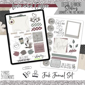 Puede incluir: Pegatinas digitales para planificador con temática de café. Las pegatinas presentan una variedad de diseños relacionados con el café, incluyendo tazas de café, granos de café y texto que dice "Love and Coffee". Las pegatinas están diseñadas para su uso en un planificador digital o diario.