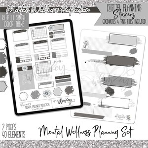 May include: A digital planner set with 40 elements for mental wellness reflection. The set includes stickers and pages with a gray and white color theme. The text "Keep it simple" and "Mental Wellness Reflection" are included in the image.