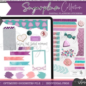 May include: A digital planner sticker set with a whimsical theme. The stickers feature a variety of designs, including candy, gingerbread, hearts, and glitter. The stickers are optimized for Goodnotes and are available as individual PNG files.