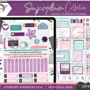 Peut inclure: Un ensemble d'autocollants pour planificateur numérique avec un thème de couleur violet, rose et turquoise. L'ensemble comprend divers autocollants, tels que des cases, des étiquettes et des éléments décoratifs. Le texte "Sugarplum Collection" et "Digital Planning Stickers" est visible sur l'image.
