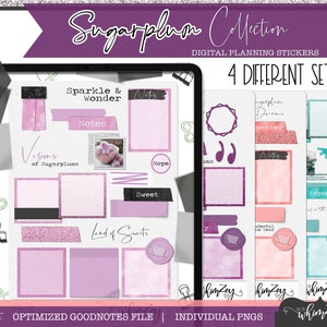 May include: A digital planner sticker set with a pink, purple, and teal color scheme. The stickers feature various designs, including a sparkly background, a cup of tea, and the words "Sparkle & Wonder", "Land of Sweets", "Vision of Sugarplums", "Hope", "Sweet", "Important", "Wonderful Time of Year", "Dreams", "Member", and "Notes".