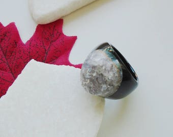 Agate Druze, ring, black, white, stone ring, Ø 19.5 mm inside diameter