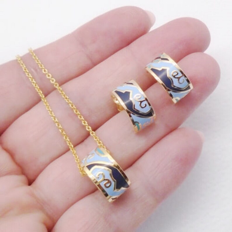 Enamel black blue turquoise modern design stud earrings hoop earrings pendant chain set jewelry set modern gold plated new