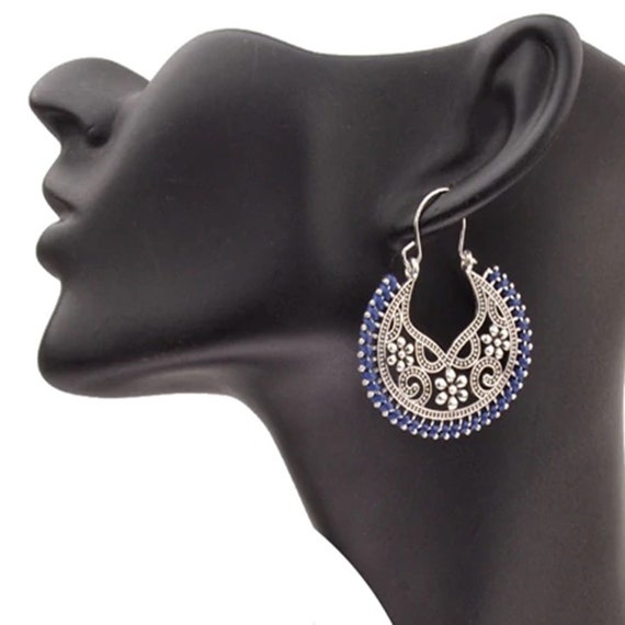 Plata esterlina 925 Azul Flor Aretes Bali Boho Hippy Caja De Regalo