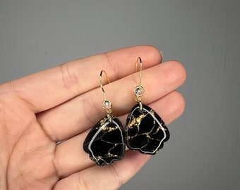 Black Marbled Dangle Earrings | Handmade Black Marble