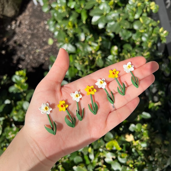 Daffodil Spring Flower Huggie Dangle Earring | Handmade Polymer Clay Daffodil Earrings