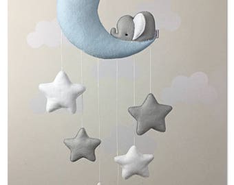 Éléphant endormi Lune et étoiles décor/mobile bébé