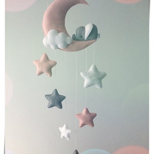 Sleepy elephant  moon and stars decor/baby mobile (pastel pink)