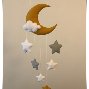 Cloudy moon and stars decor/baby mobile ( mustard yellow )