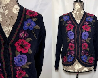vintage brooks brothers cardigan // size medium - large // floral pink purple embroidery navy blue sweater fall flower rose knit jumper